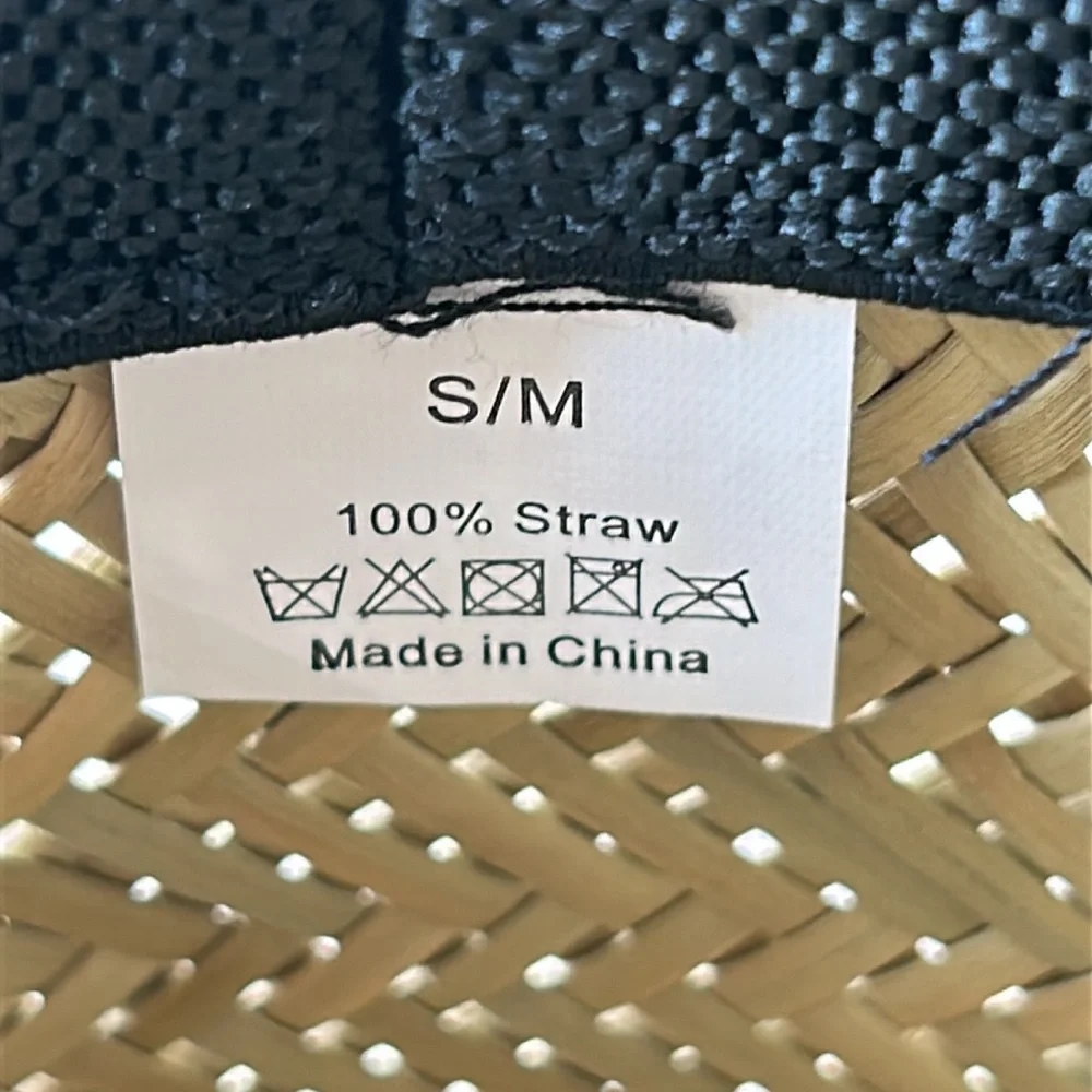 Straw Sun Hat Black Trim S/M 21”Circumference NEW Unisex Beach Casual Summer
